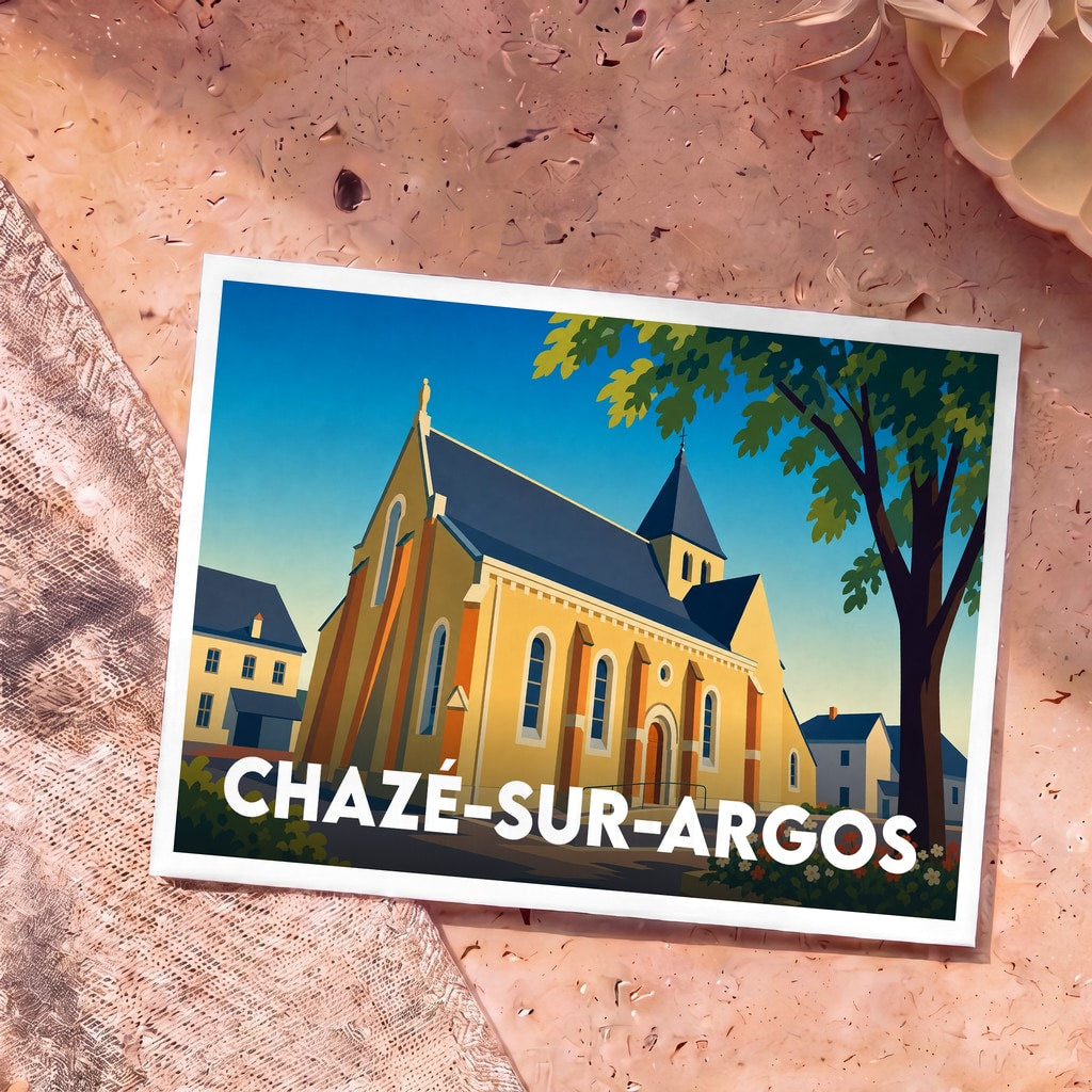 Carte postale souvenir de la ville de Chazé-sur-Argos avec une illustration stylisée de son église.