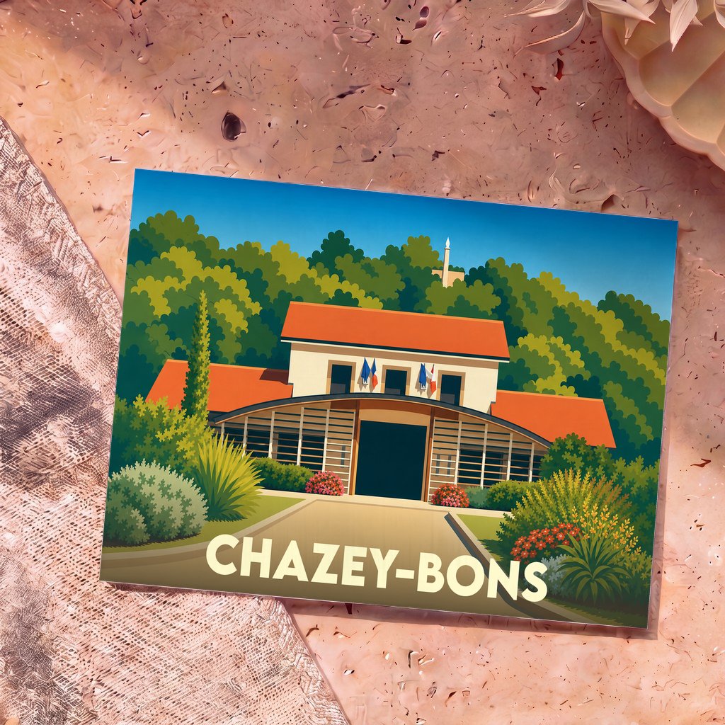 Carte postale souvenir de la ville de Chazey-Bons avec une illustration stylisée de sa mairie.