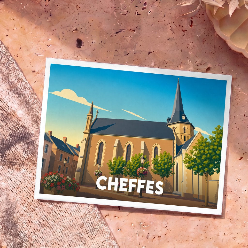 Carte postale souvenir de la ville de Cheffes avec une illustration stylisée de son église sous un ciel bleu.