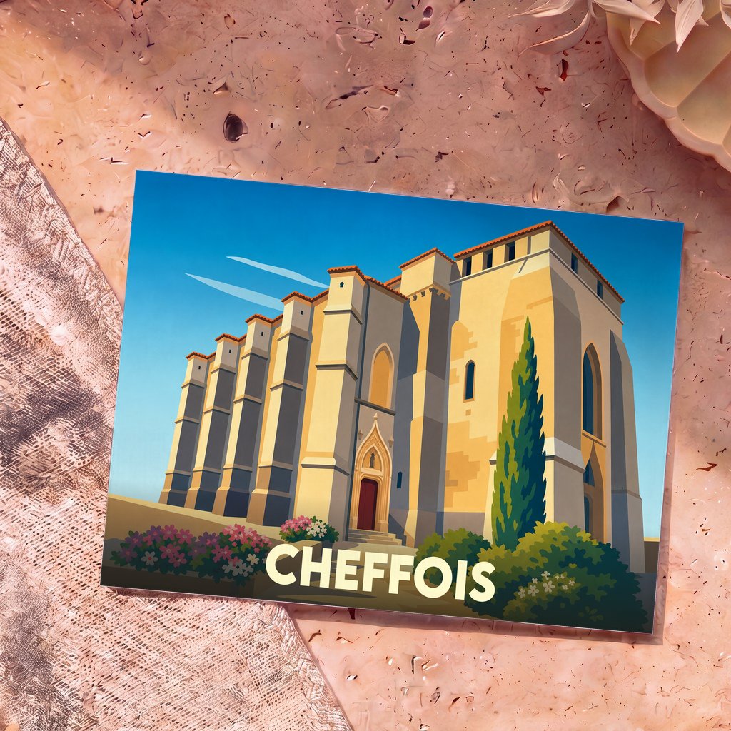 Carte postale souvenir de la ville de Cheffois illustrant son église fortifiée dans un style graphique épuré.