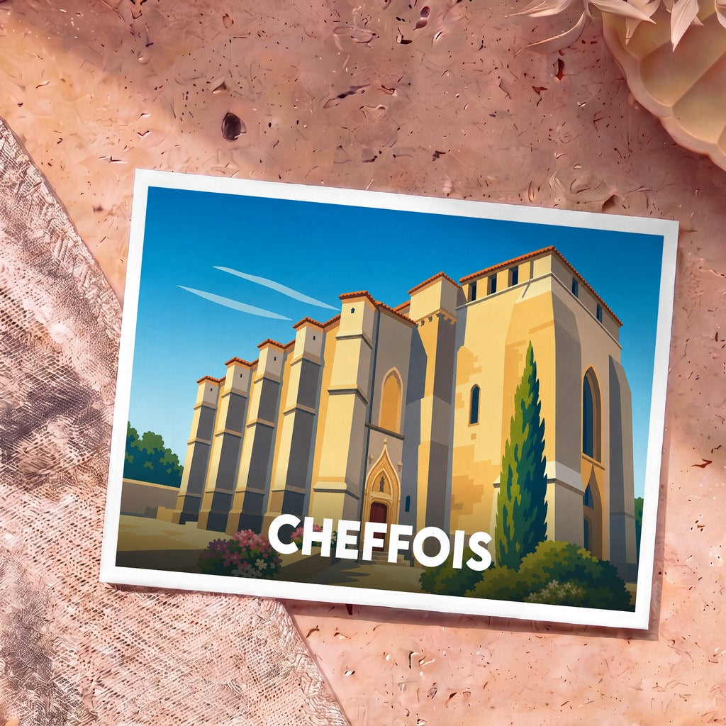 Carte postale souvenir de la ville de Cheffois illustrant son église fortifiée dans un style graphique épuré.