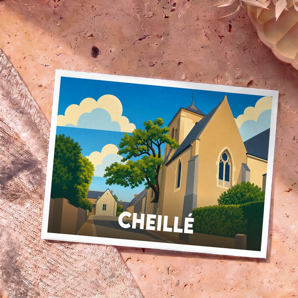 Carte postale souvenir de la ville de Cheillé avec une illustration stylisée de son église et d'un arbre remarquable.