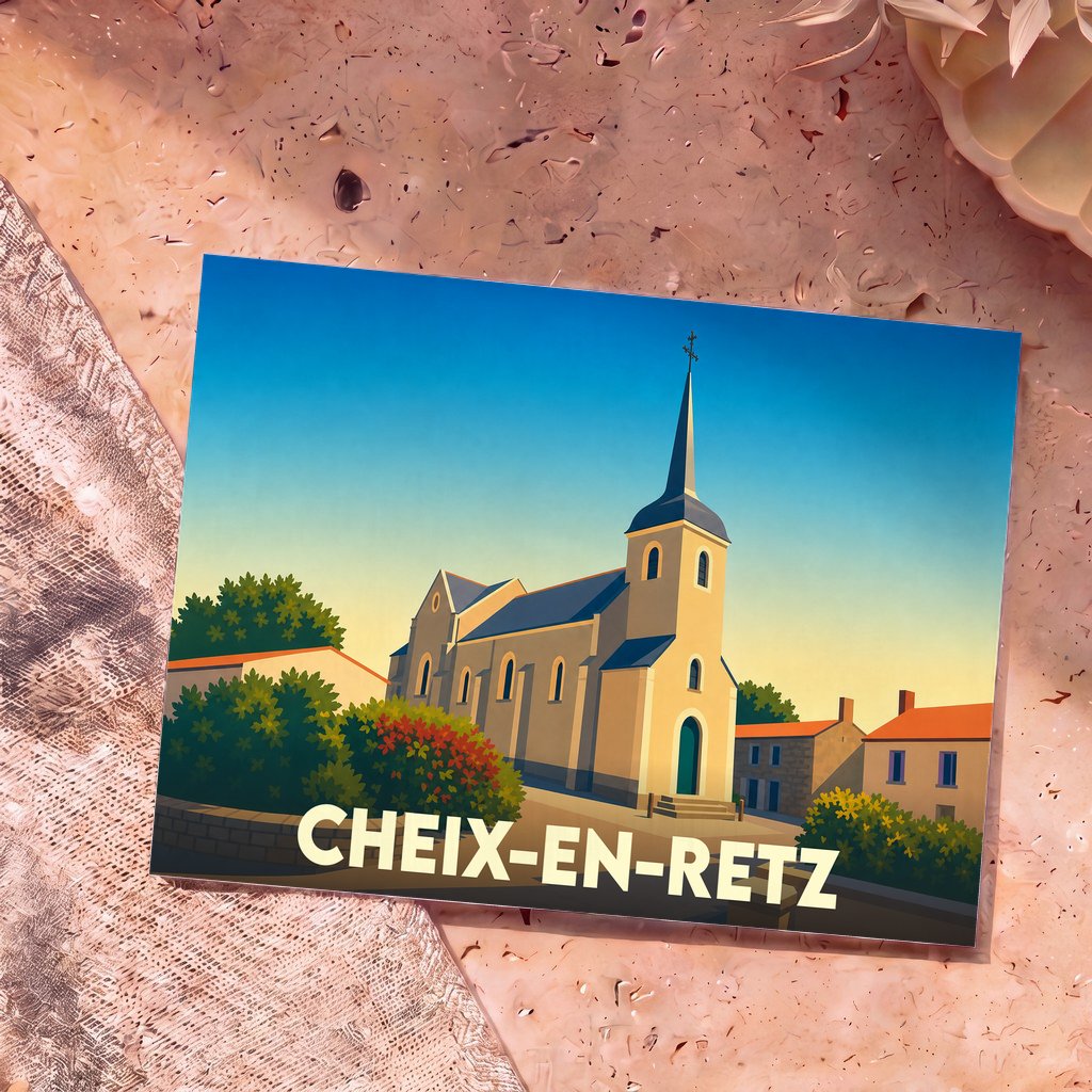 Carte postale souvenir de la ville de Cheix-en-Retz illustrant son église dans un style graphique et épuré.