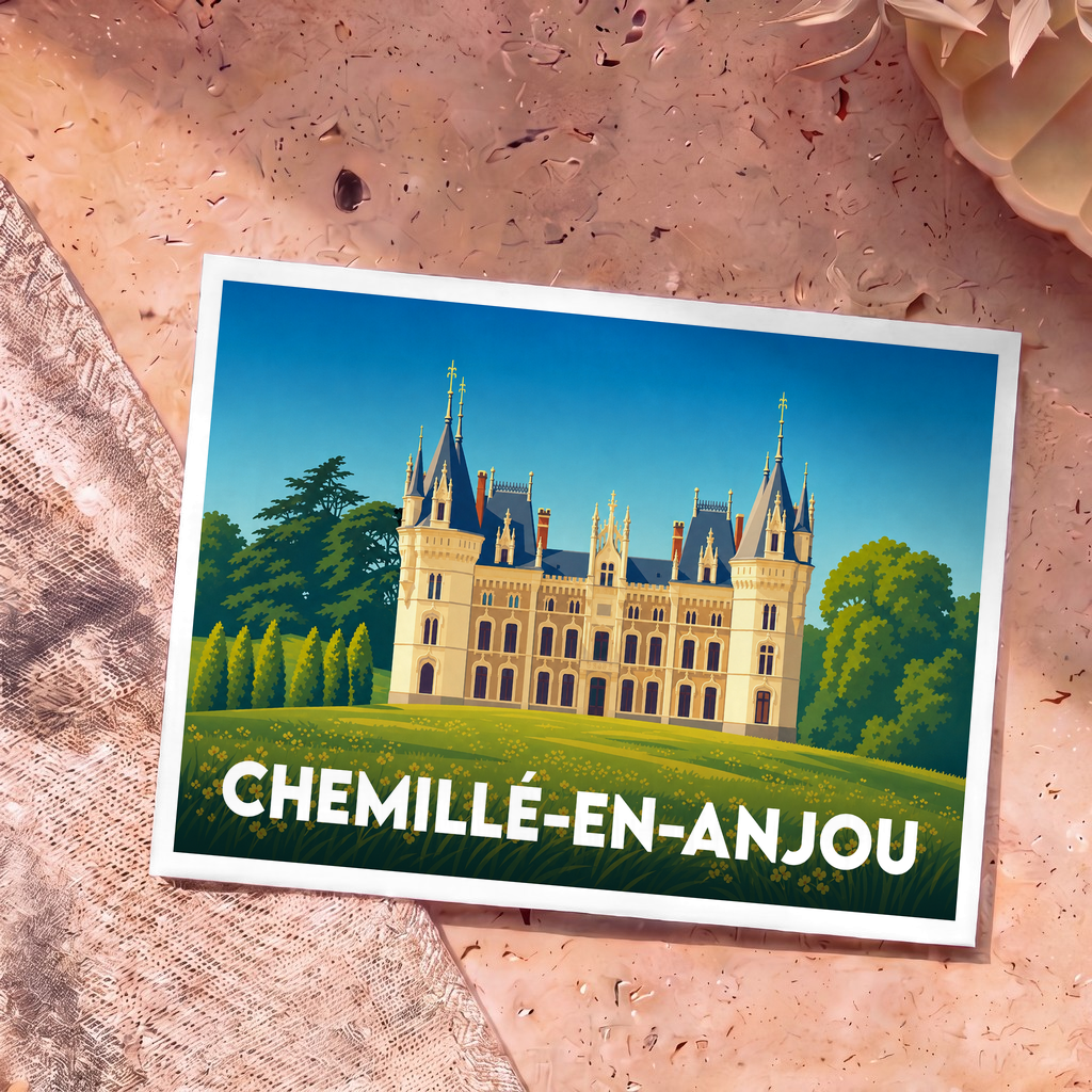 Carte postale souvenir de la ville de Chemillé-en-Anjou avec une illustration stylisée de son château.