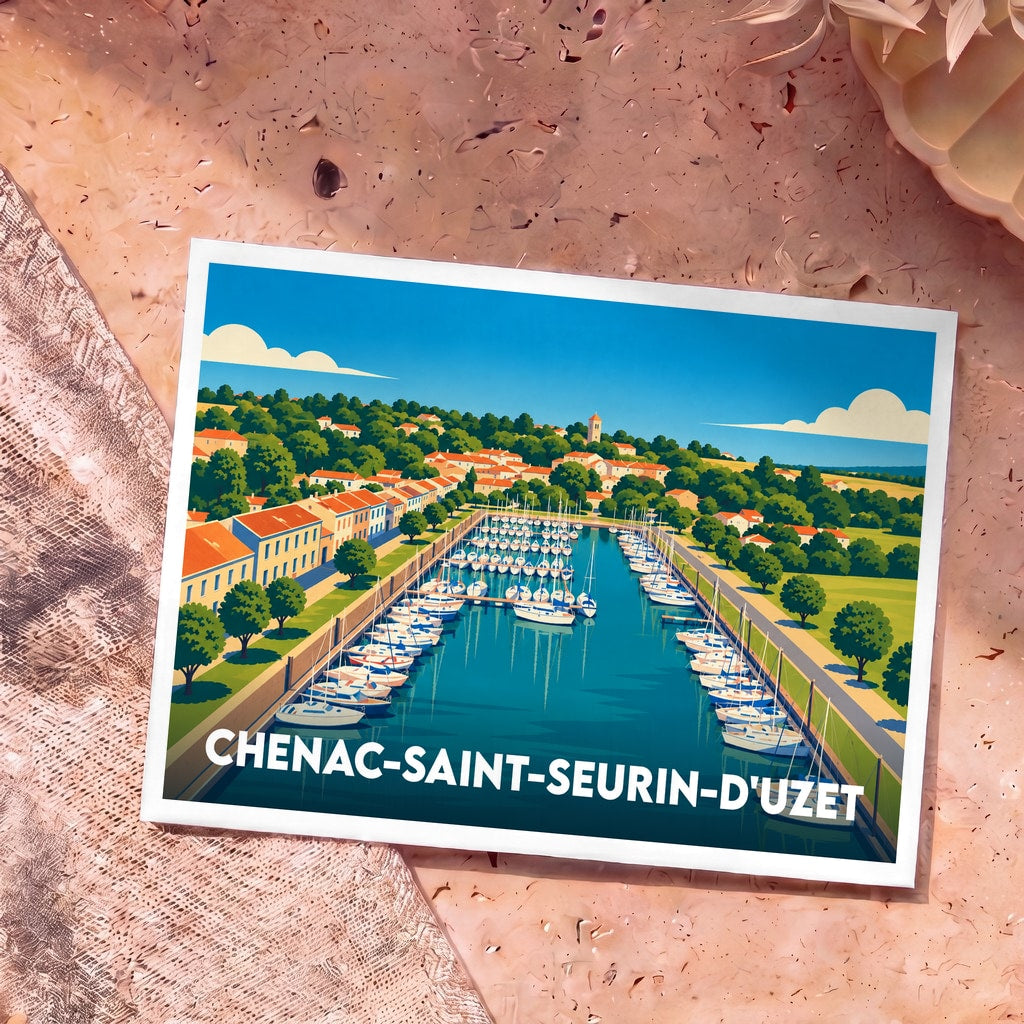 Carte postale souvenir de la ville de Chenac-Saint-Seurin-d'Uzet avec une illustration stylisée de son port.