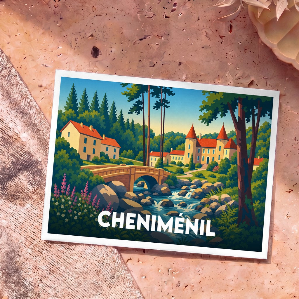 Carte postale souvenir de la ville de Cheniménil avec une illustration stylisée représentant un château, un pont et une rivière.