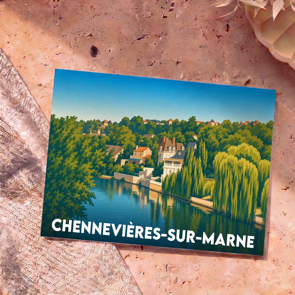 Carte postale souvenir de Chennevières-sur-Marne illustrant les bords de Marne dans un style graphique épuré.