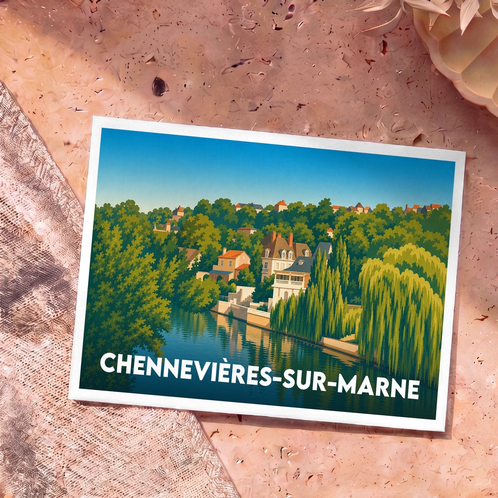 Carte postale souvenir de Chennevières-sur-Marne illustrant les bords de Marne dans un style graphique épuré.