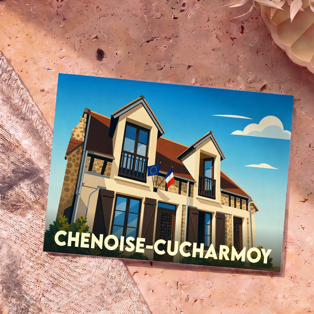 Carte postale souvenir de la commune de Chenoise-Cucharmoy avec une illustration stylisée d'un bâtiment local.