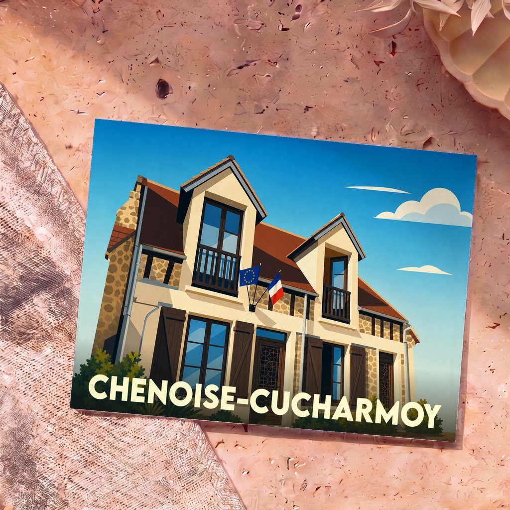 Carte postale souvenir de la ville de Chenoise-Cucharmoy avec une illustration stylisée de la mairie.