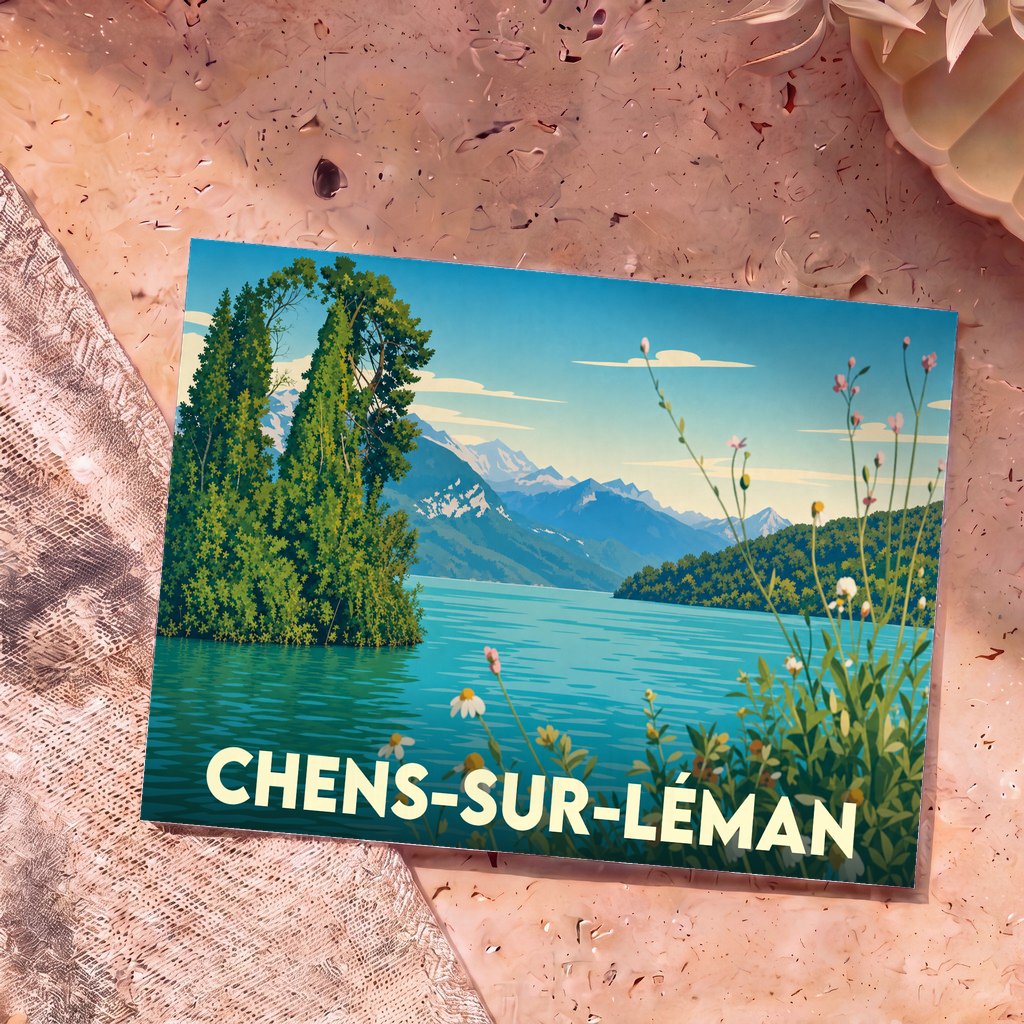 Carte postale souvenir de la ville de Chens-sur-Léman avec une illustration stylisée d'un paysage de lac et de montagnes.