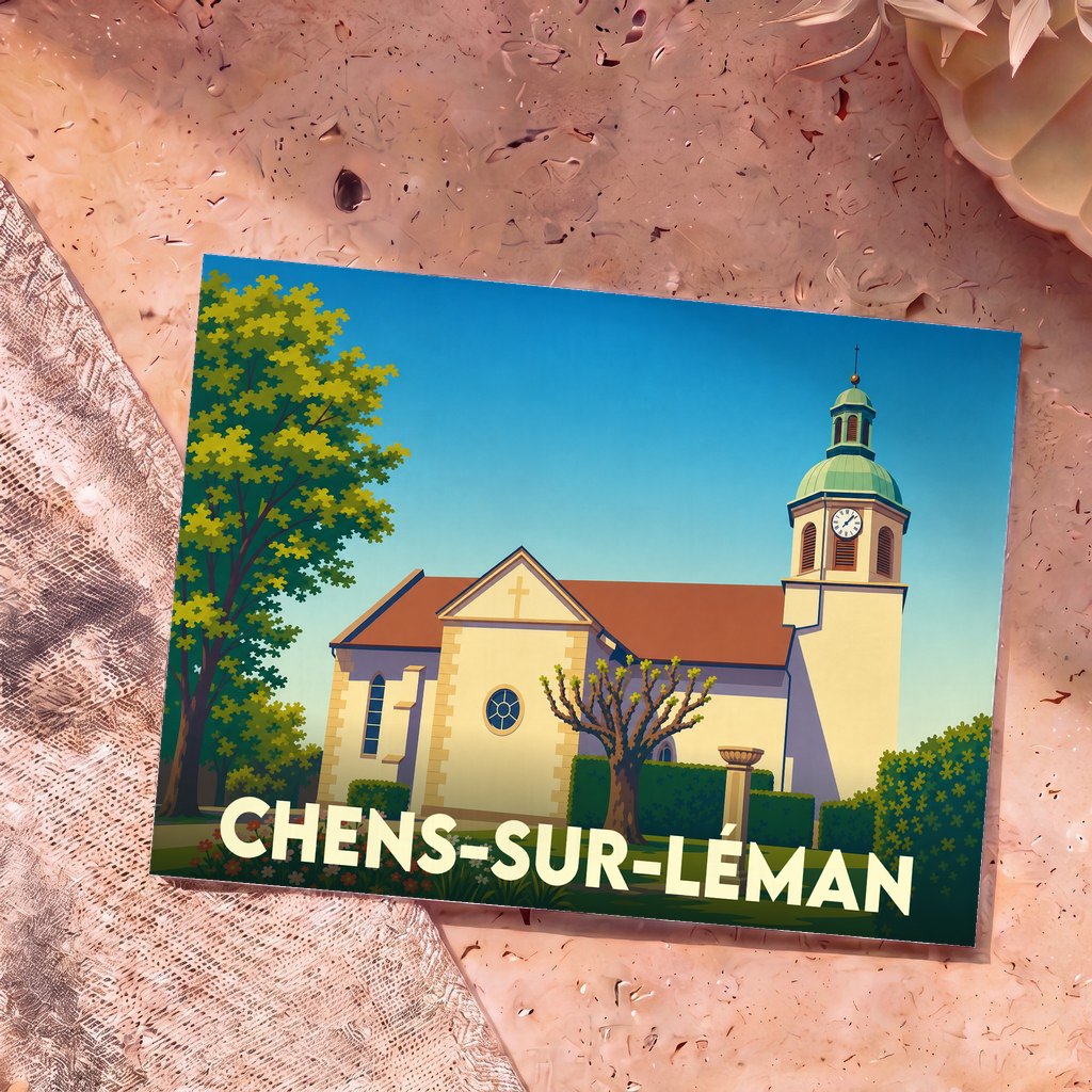 Carte postale souvenir de la ville de Chens-sur-Léman avec une illustration stylisée de son église.