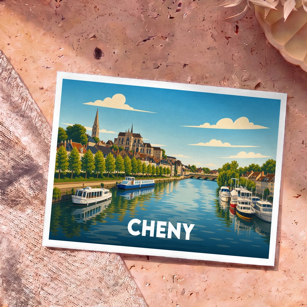 Carte postale souvenir de la ville de Cheny avec une illustration stylisée représentant les quais de l'Yonne et son église.