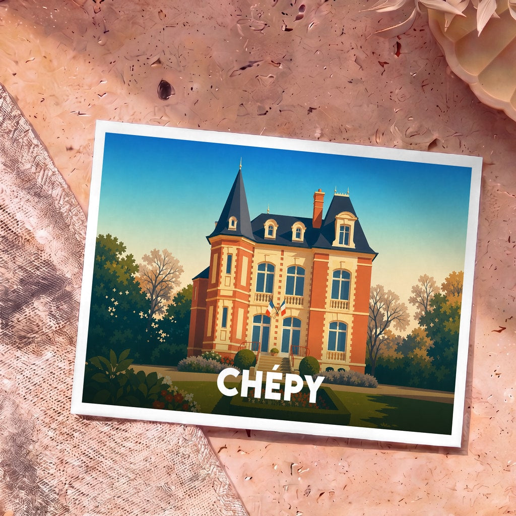 Carte postale souvenir de la ville de Chépy avec une illustration stylisée d'un château.