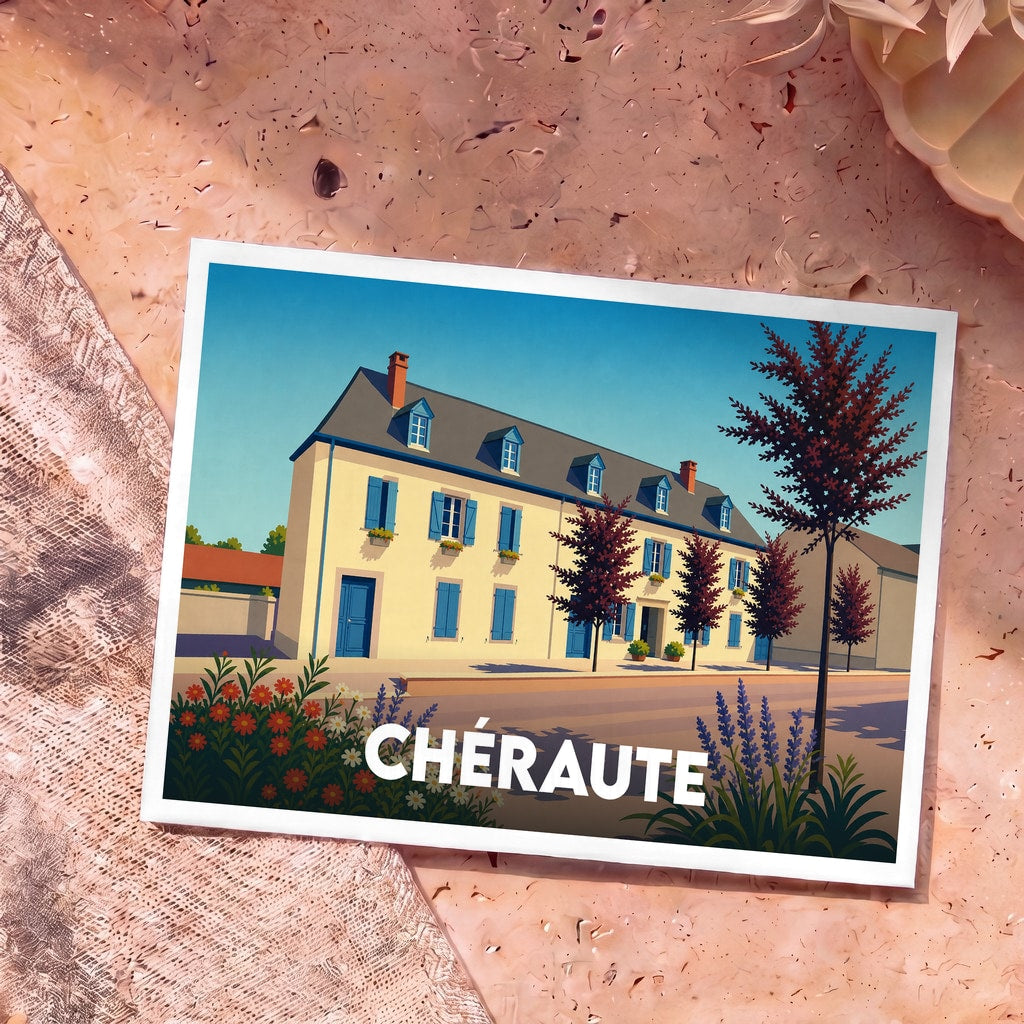 Carte postale souvenir de la ville de Chéraute avec une illustration stylisée d'un bâtiment traditionnel aux volets bleus.