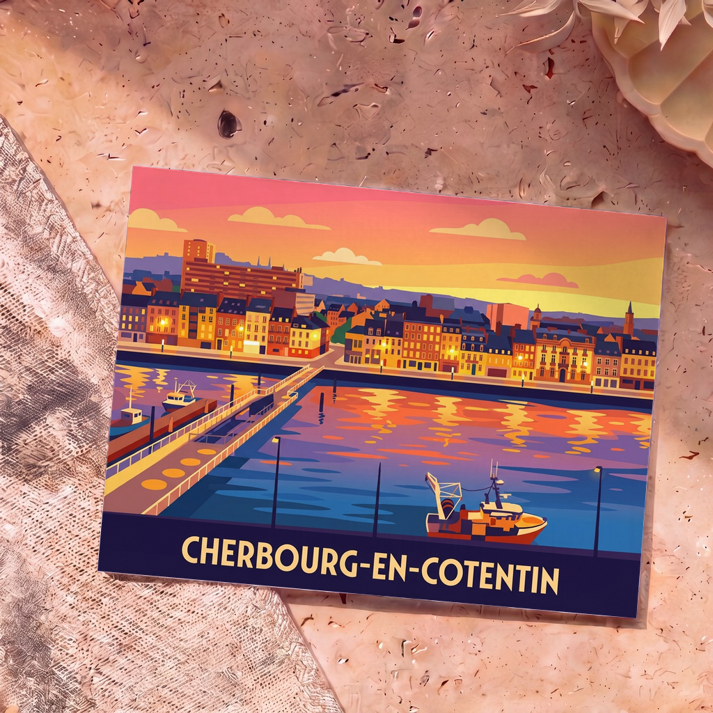 Carte postale souvenir de la ville de Cherbourg-en-Cotentin avec une illustration stylisée du port au coucher du soleil.