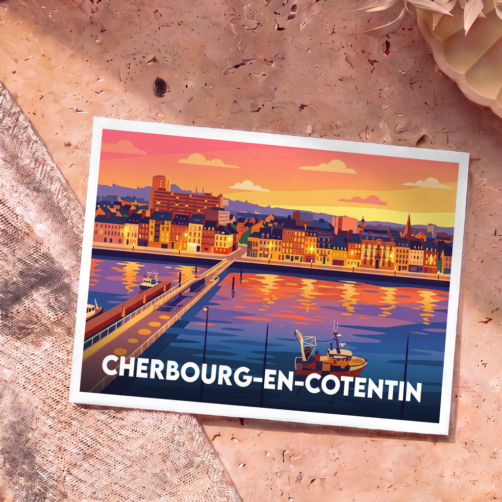 Carte postale souvenir de la ville de Cherbourg-en-Cotentin avec une illustration stylisée du port au coucher du soleil.
