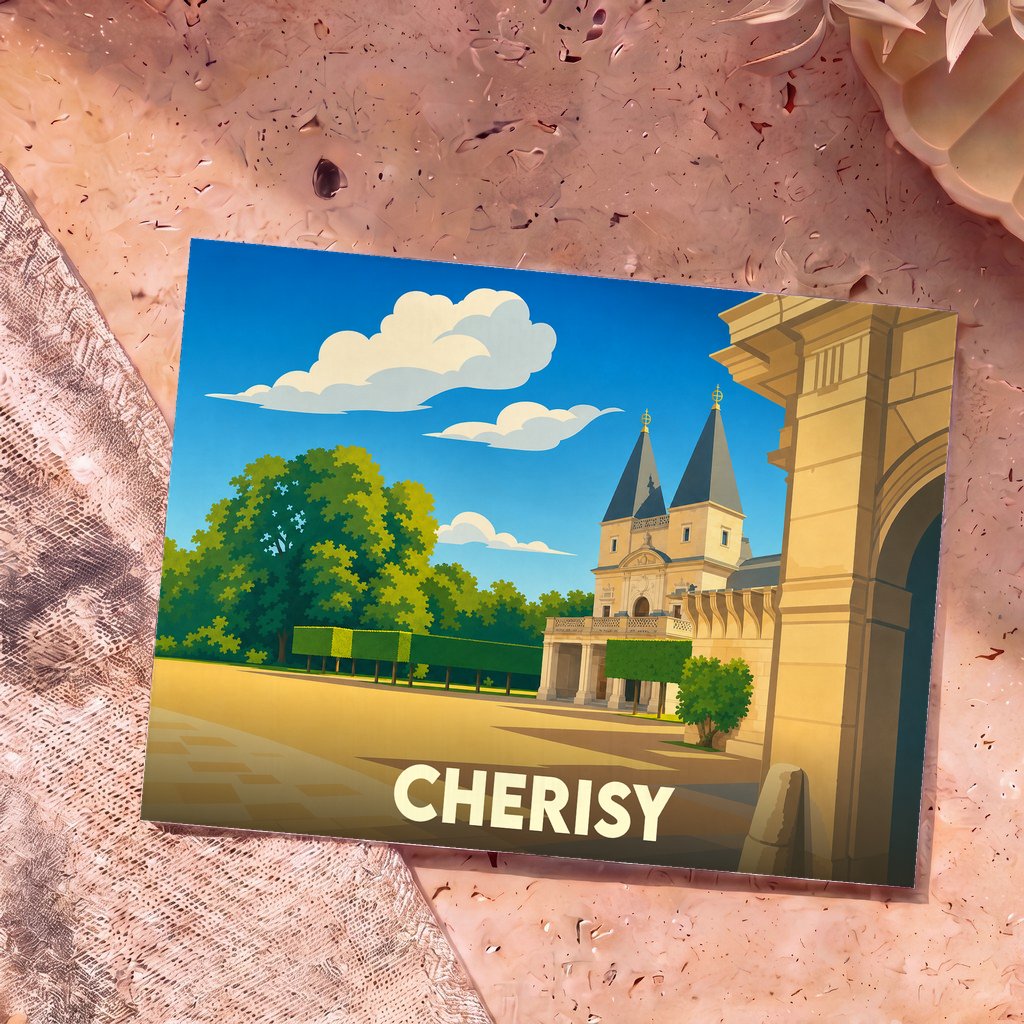 Carte postale souvenir de la ville de Cherisy avec une illustration stylisée de son patrimoine architectural et de ses jardins.