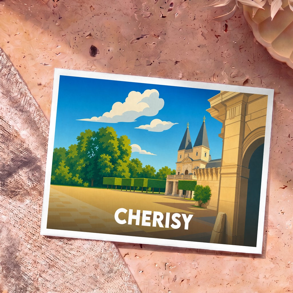 Carte postale souvenir de la ville de Cherisy avec une illustration stylisée de son patrimoine architectural et de ses jardins.