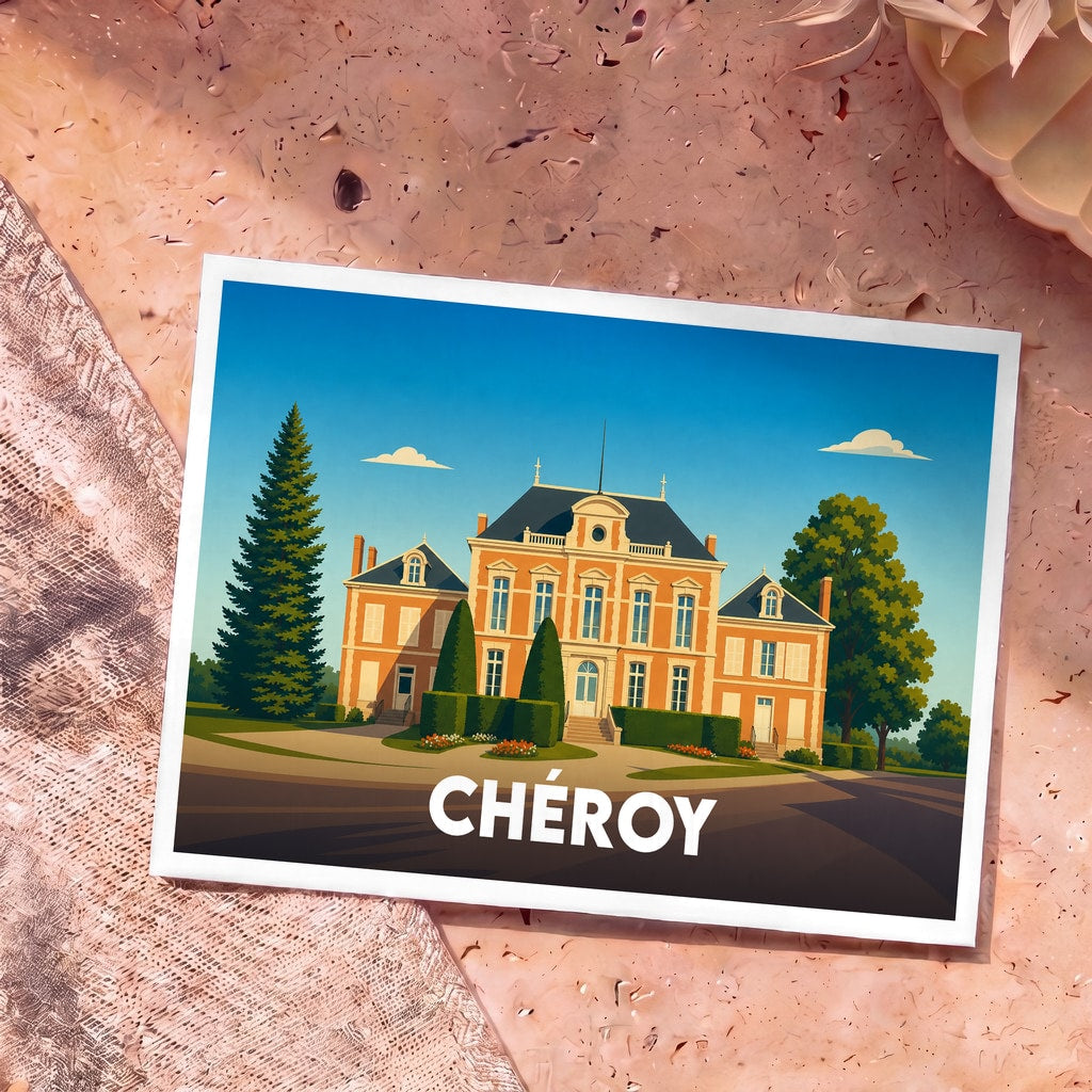 Carte postale souvenir de la ville de Chéroy avec une illustration stylisée d'un château.