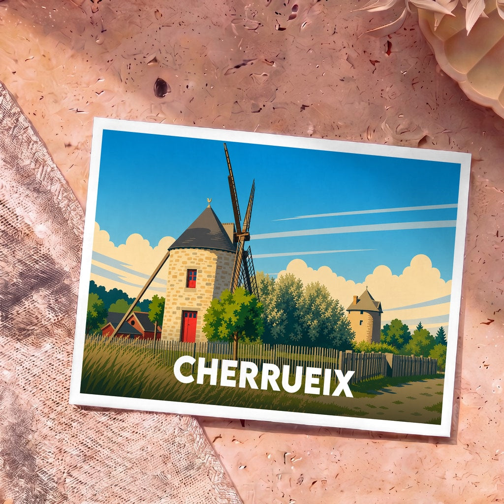 Carte postale souvenir de la ville de Cherrueix illustrant ses moulins à vent de façon stylisée.