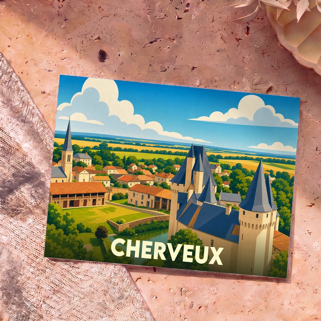 Carte postale souvenir de la ville de Cherveux avec une illustration stylisée de son château et de son paysage.