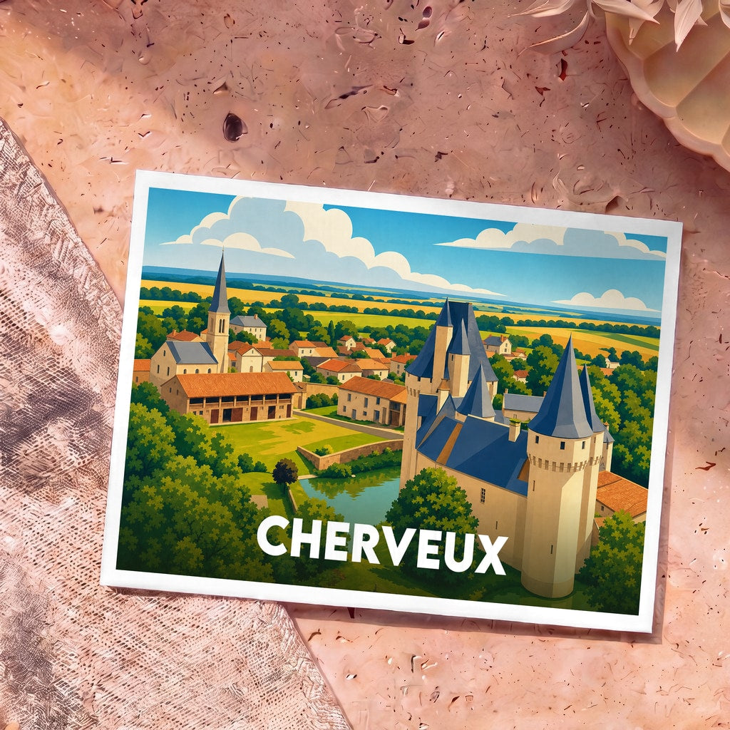 Carte postale souvenir de la ville de Cherveux avec une illustration stylisée de son château et de son paysage.