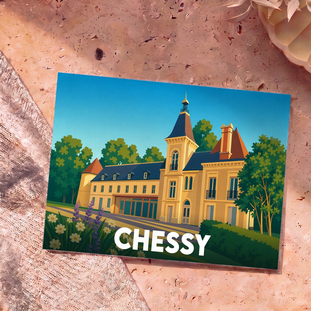 Carte postale souvenir de la ville de Chessy avec une illustration stylisée de son château et de son parc.