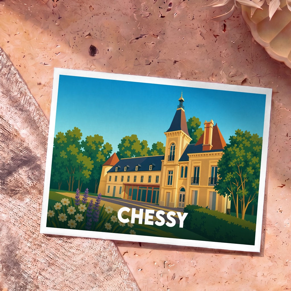Carte postale souvenir de la ville de Chessy avec une illustration stylisée de son château et de son parc.