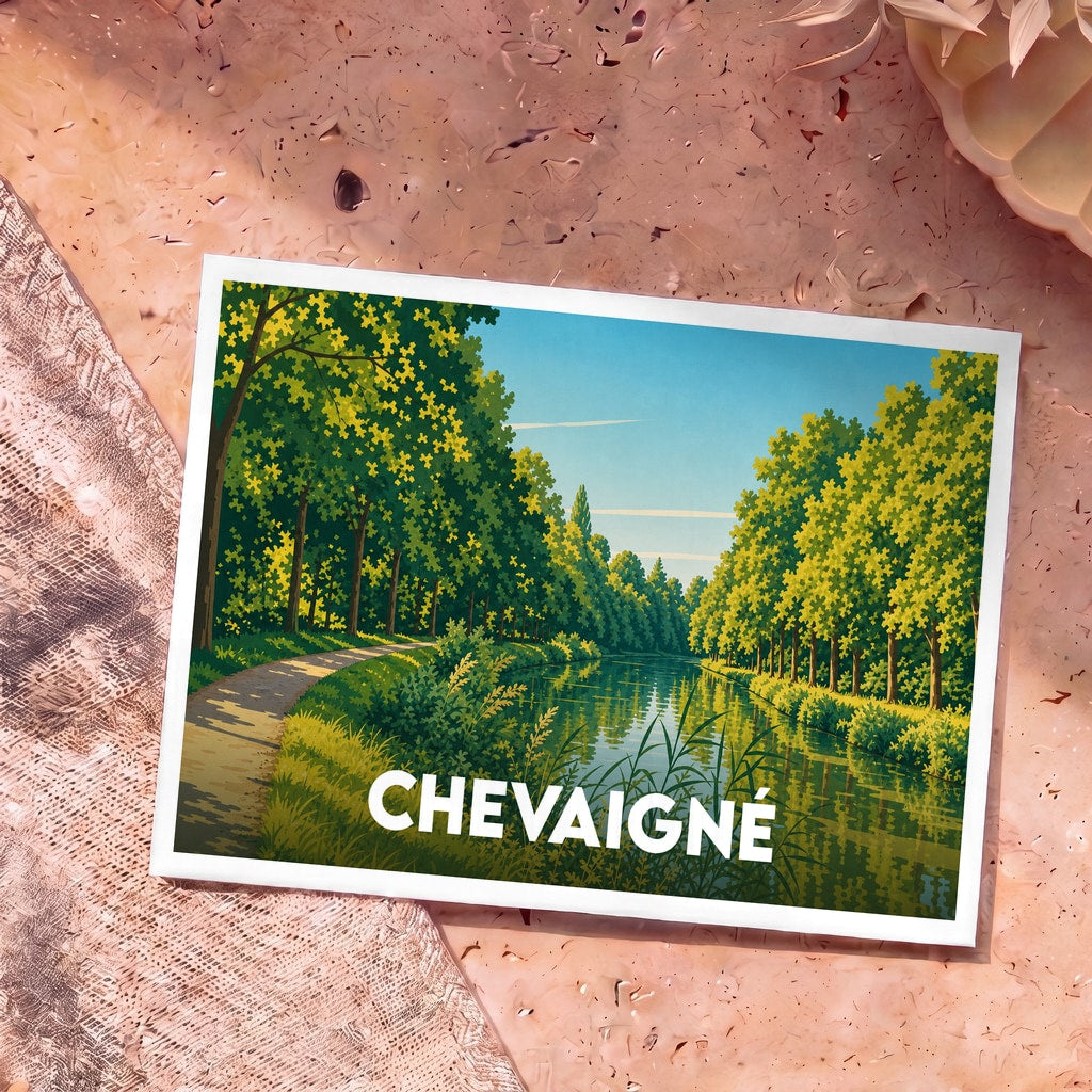 Carte postale souvenir de la ville de Chevaigné illustrant une allée boisée au bord de l'eau dans un style rétro.