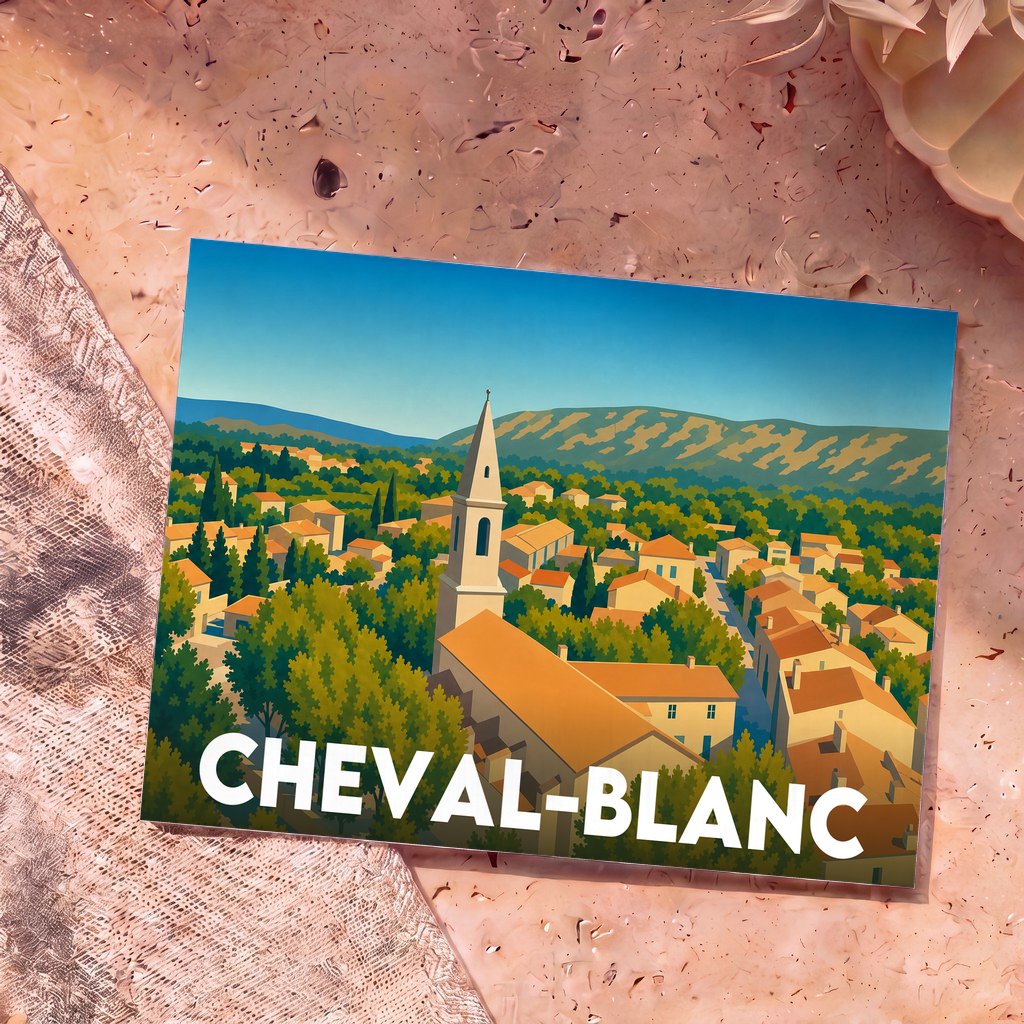 Carte postale souvenir de la commune de Cheval-Blanc avec une illustration stylisée du village et de son église.