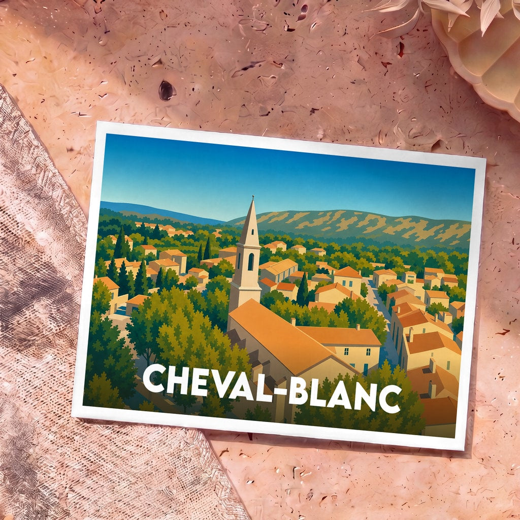 Carte postale souvenir de la commune de Cheval-Blanc avec une illustration stylisée du village et de son église.