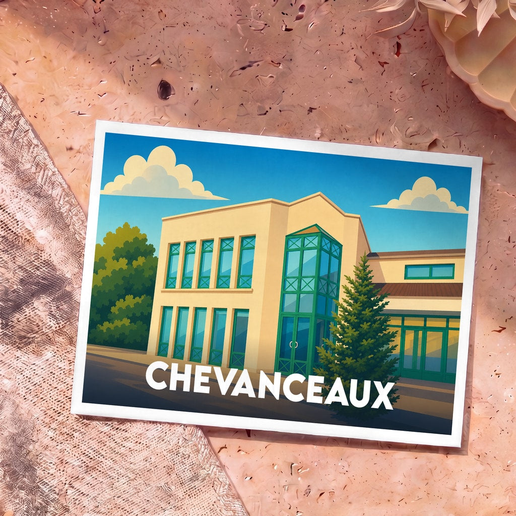 Carte postale souvenir de la ville de Chevanceaux avec une illustration stylisée de l'architecture locale.