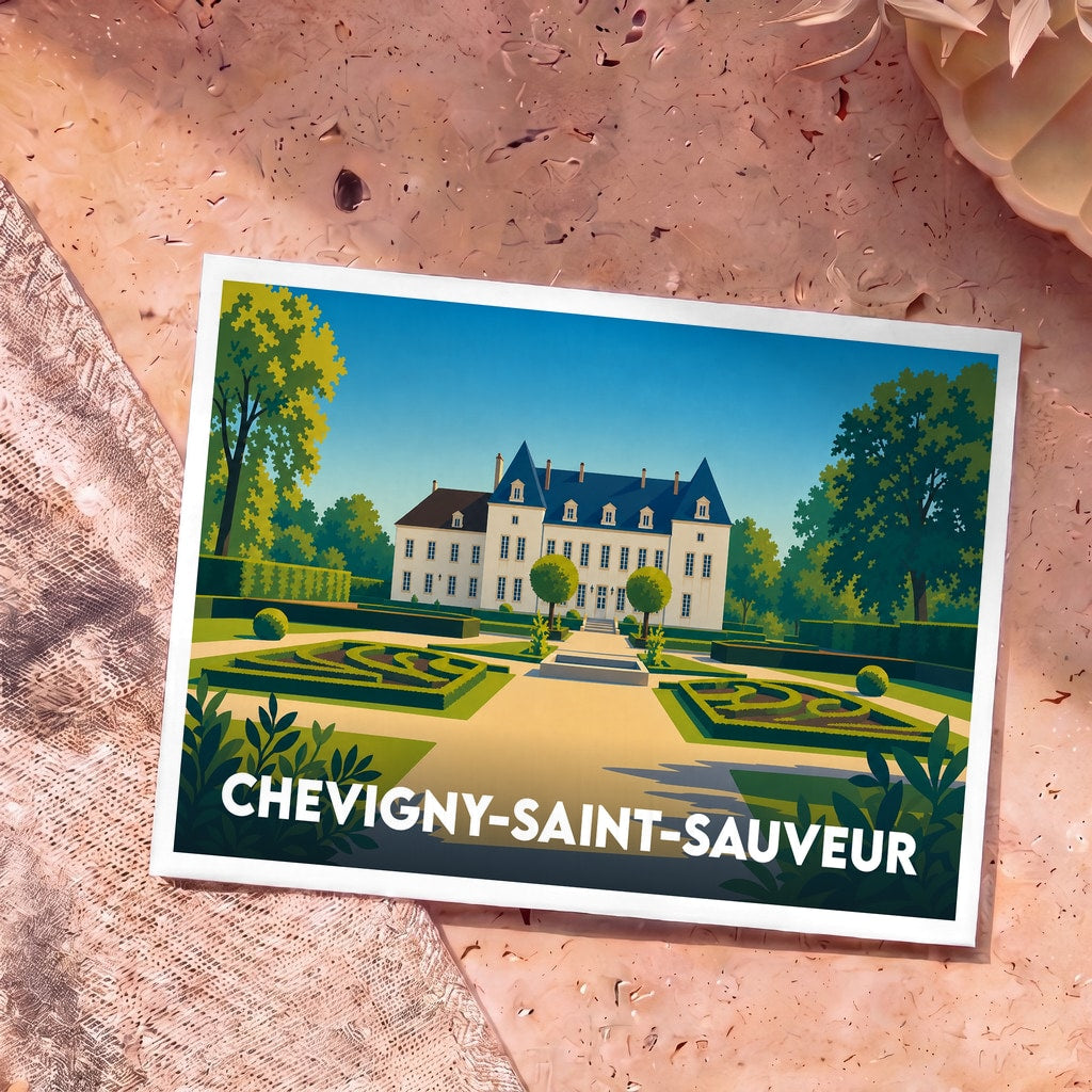 Carte postale souvenir de Chevigny-Saint-Sauveur avec une illustration stylisée d'un château et de ses jardins à la française.