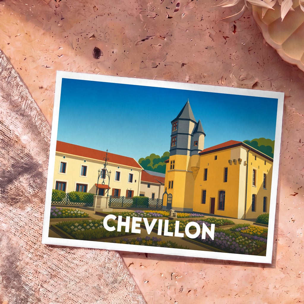 Carte postale souvenir de la ville de Chevillon avec une illustration stylisée de ses bâtiments historiques et de ses jardins.
