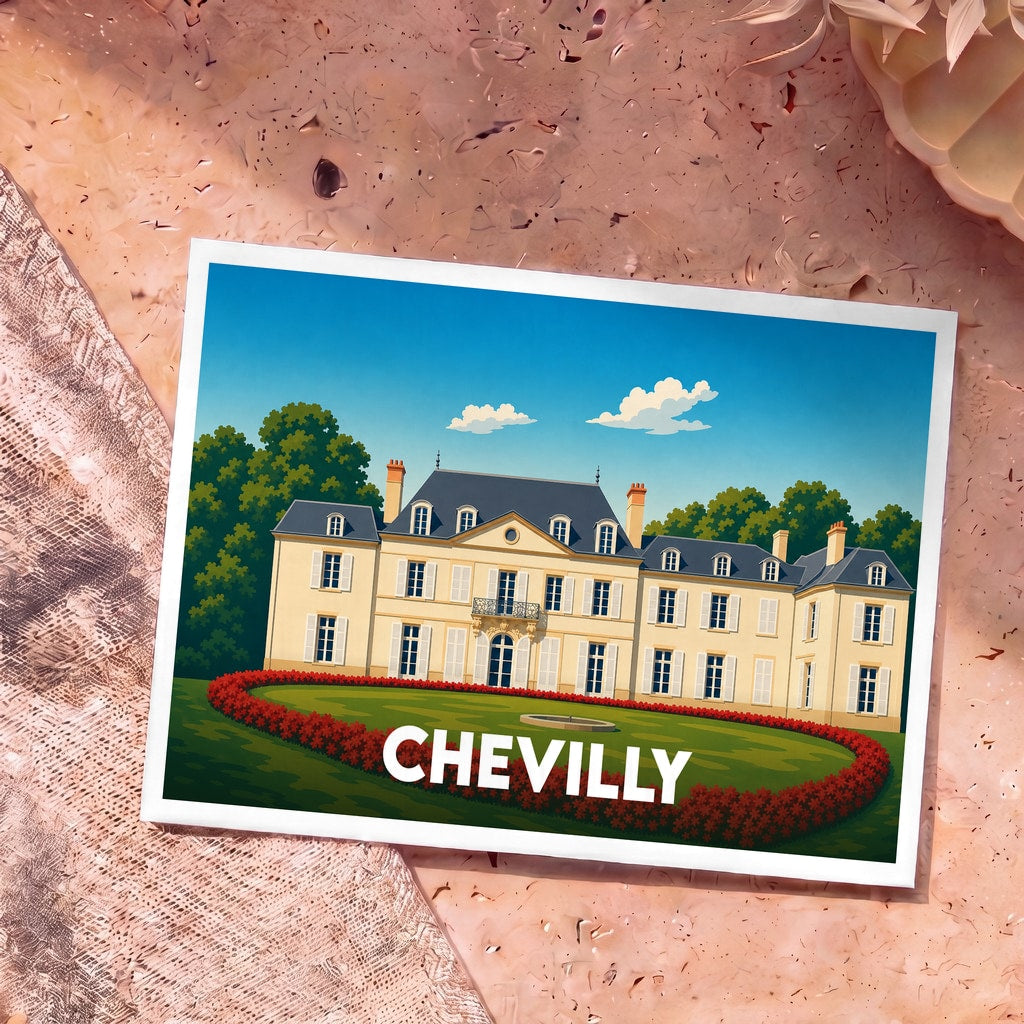 Carte postale souvenir de la ville de Chevilly avec une illustration stylisée de son château.