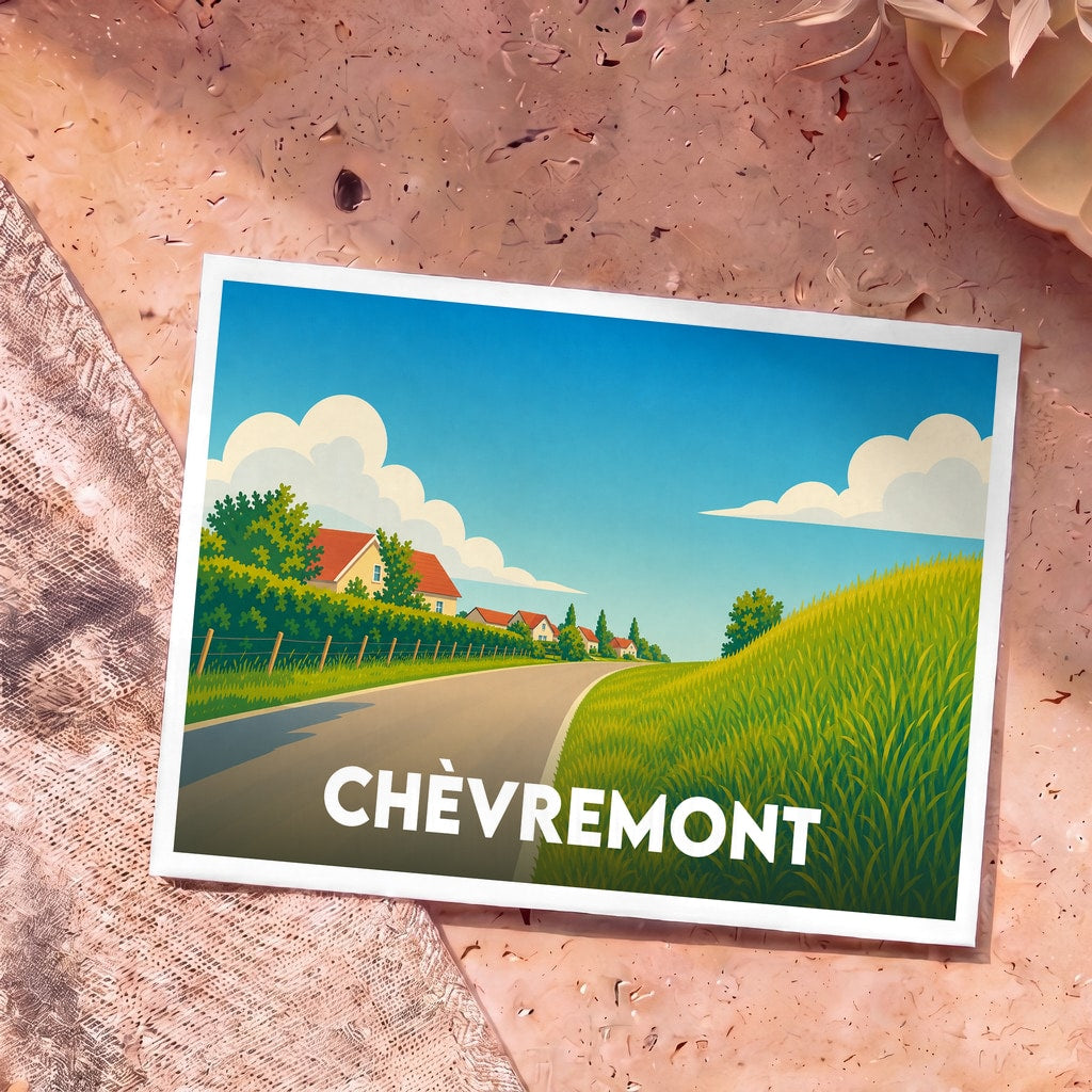 Carte postale souvenir de la ville de Chèvremont avec une illustration stylisée d'une route de campagne verdoyante.