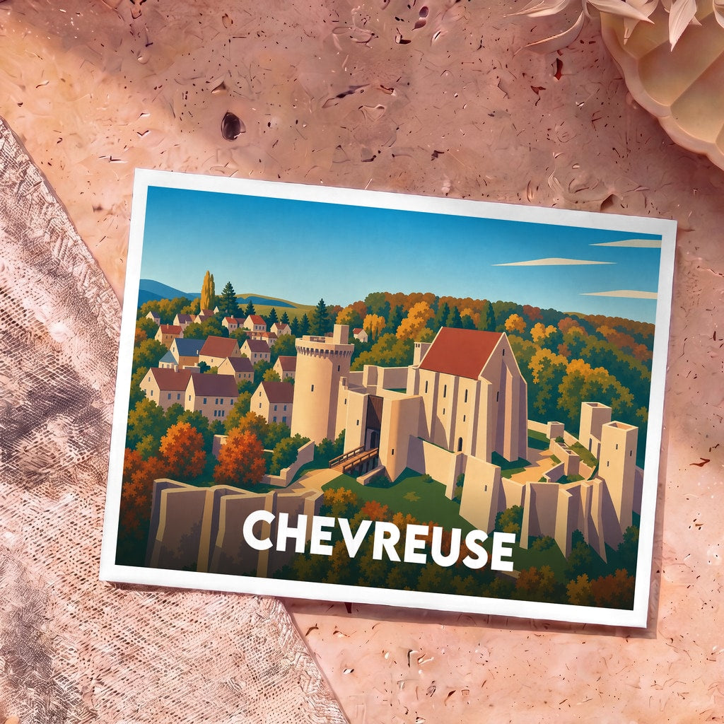 Carte postale souvenir de la ville de Chevreuse avec une illustration stylisée de son château médiéval.