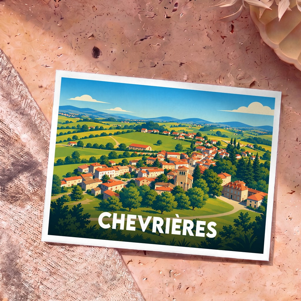 Carte postale souvenir de la ville de Chevrières avec une illustration stylisée de son paysage vallonné.