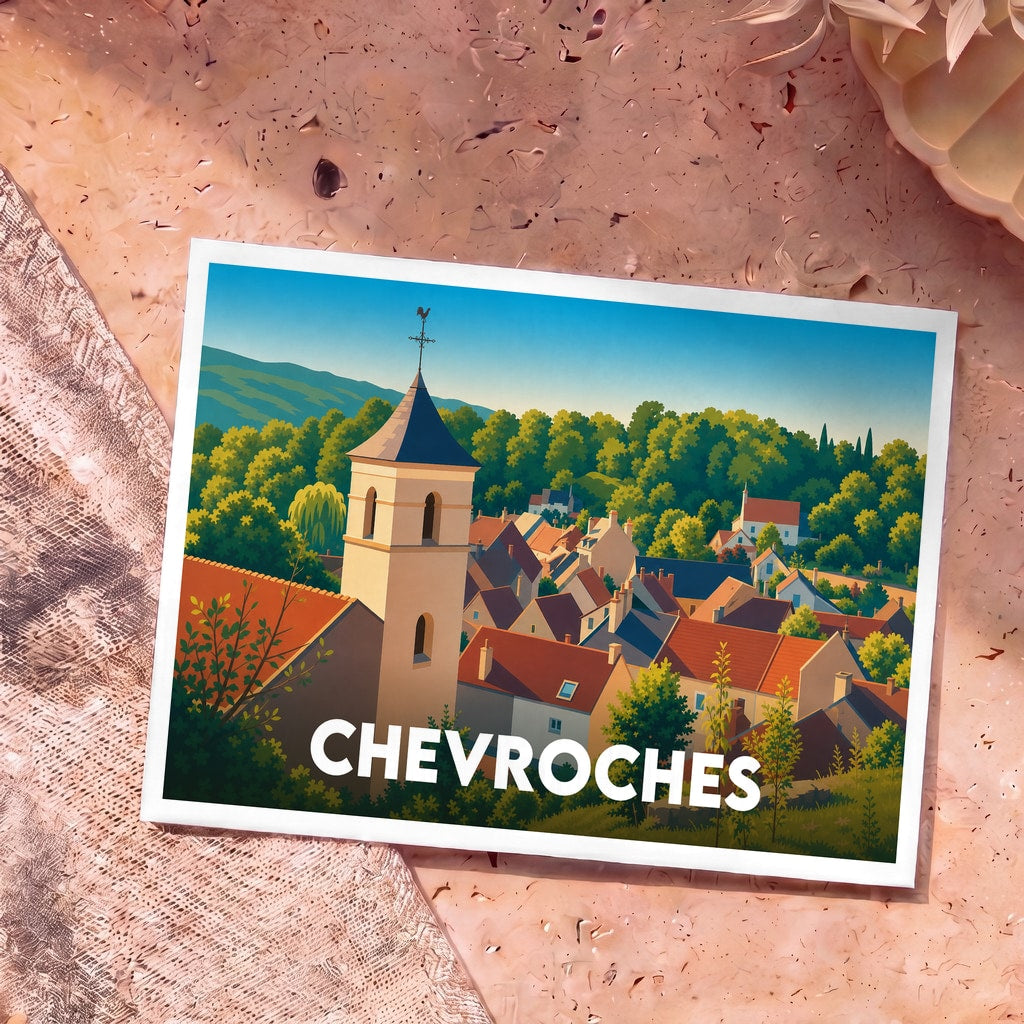 Carte postale souvenir de la ville de Chevroches avec une illustration colorée et stylisée de ses toits et de son clocher.