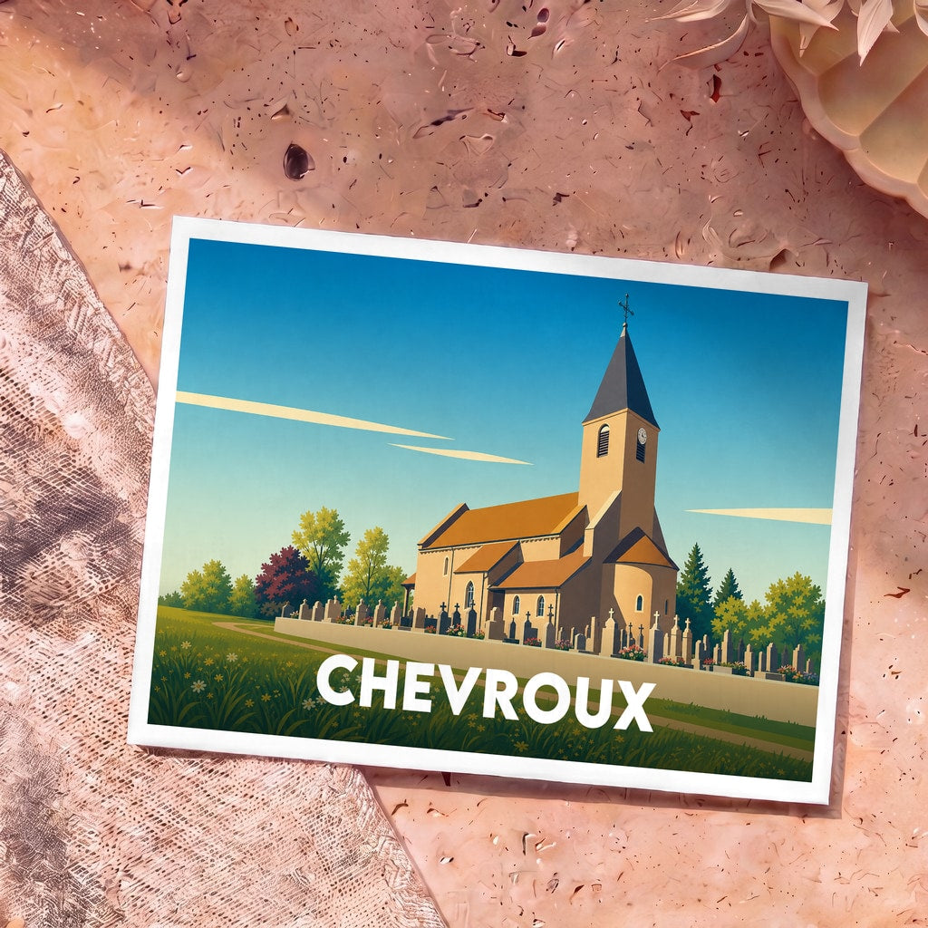 Carte postale souvenir de la ville de Chevroux avec une illustration stylisée de son église.
