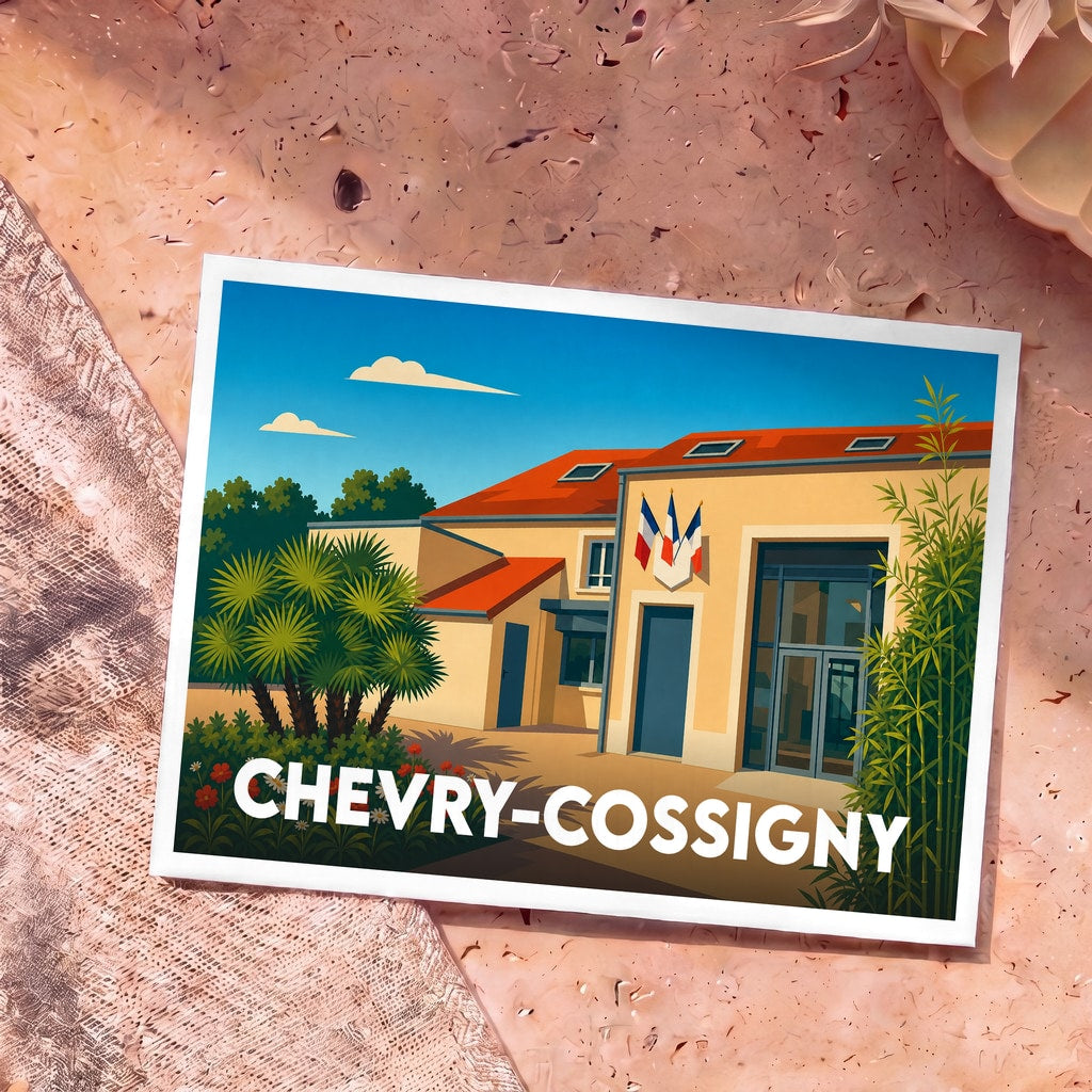 Carte postale souvenir de la ville de Chevry-Cossigny avec une illustration stylisée de sa mairie.