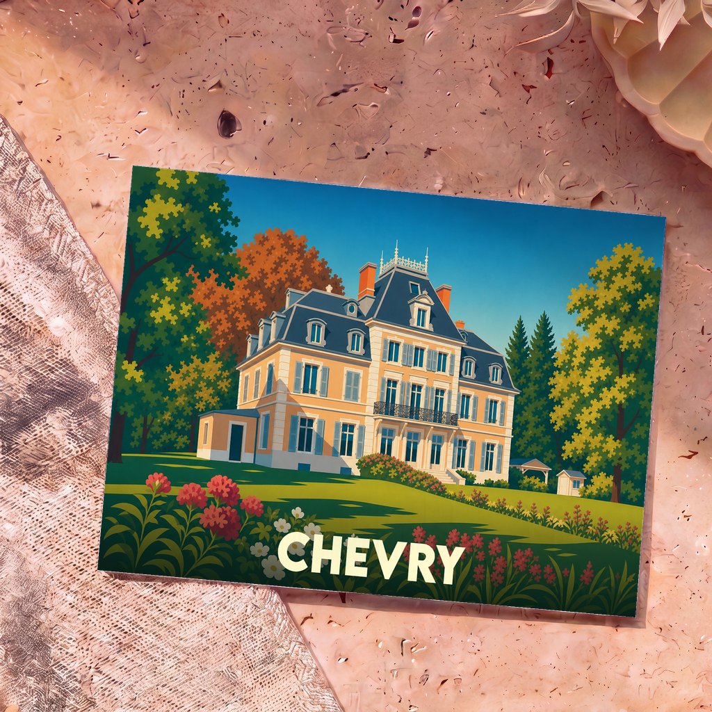 Carte postale souvenir de la ville de Chevry ornée d'une illustration stylisée d'un château.