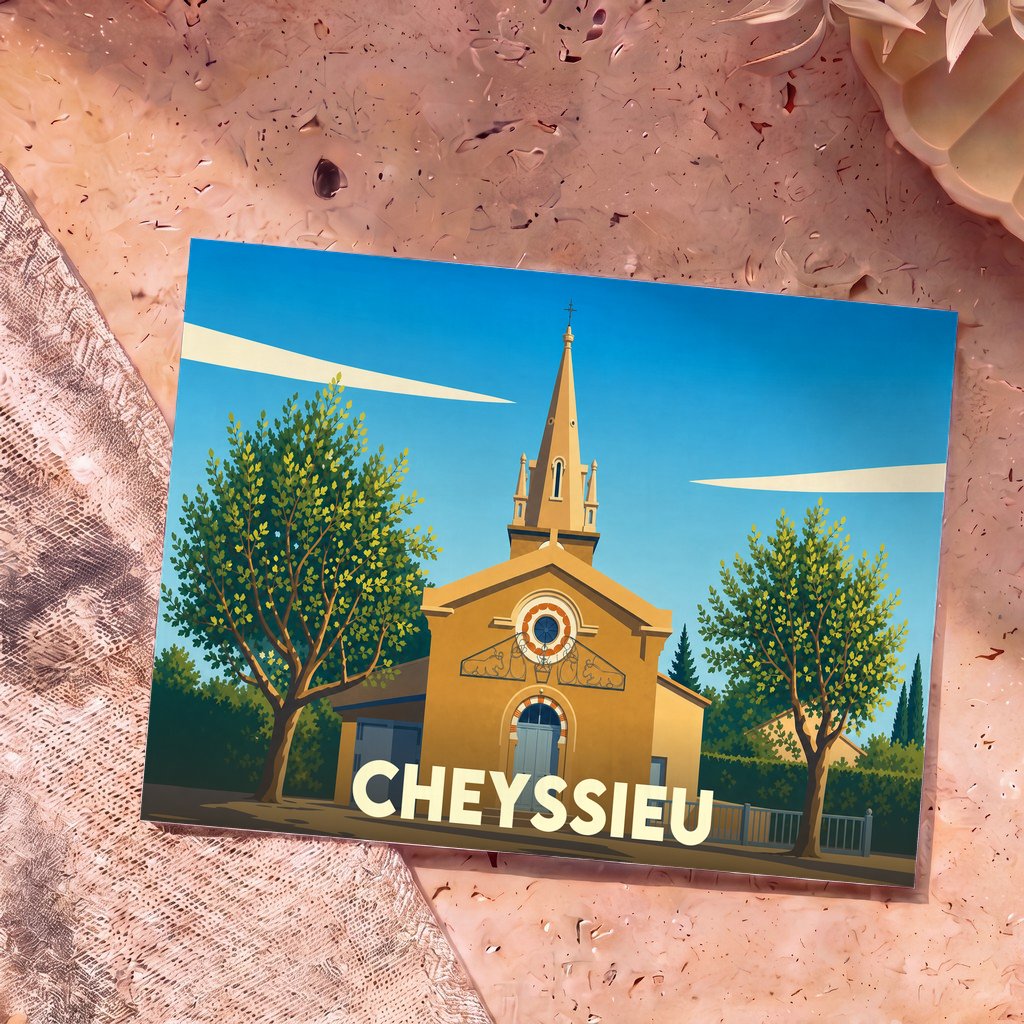 Carte postale souvenir de la ville de Cheyssieu illustrant son église dans un style graphique épuré.