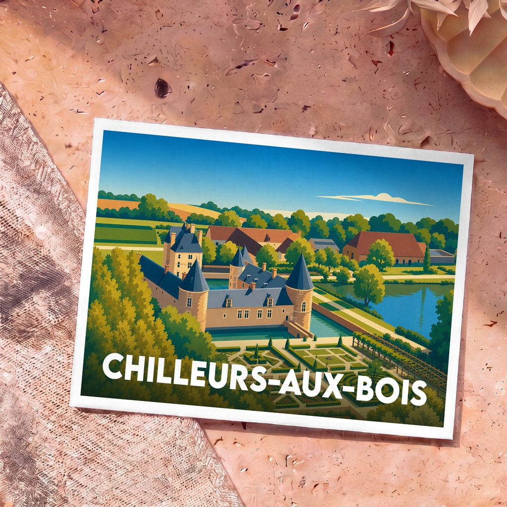 Carte postale souvenir de la ville de Chilleurs-aux-Bois avec une illustration stylisée du château de Chamerolles et de ses jardins.
