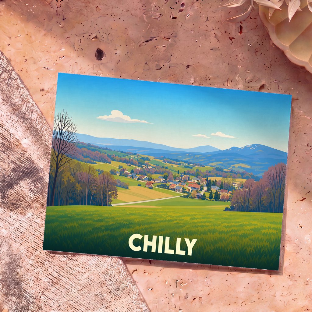 Carte postale souvenir de la ville de Chilly avec une illustration stylisée de paysages vallonnés.