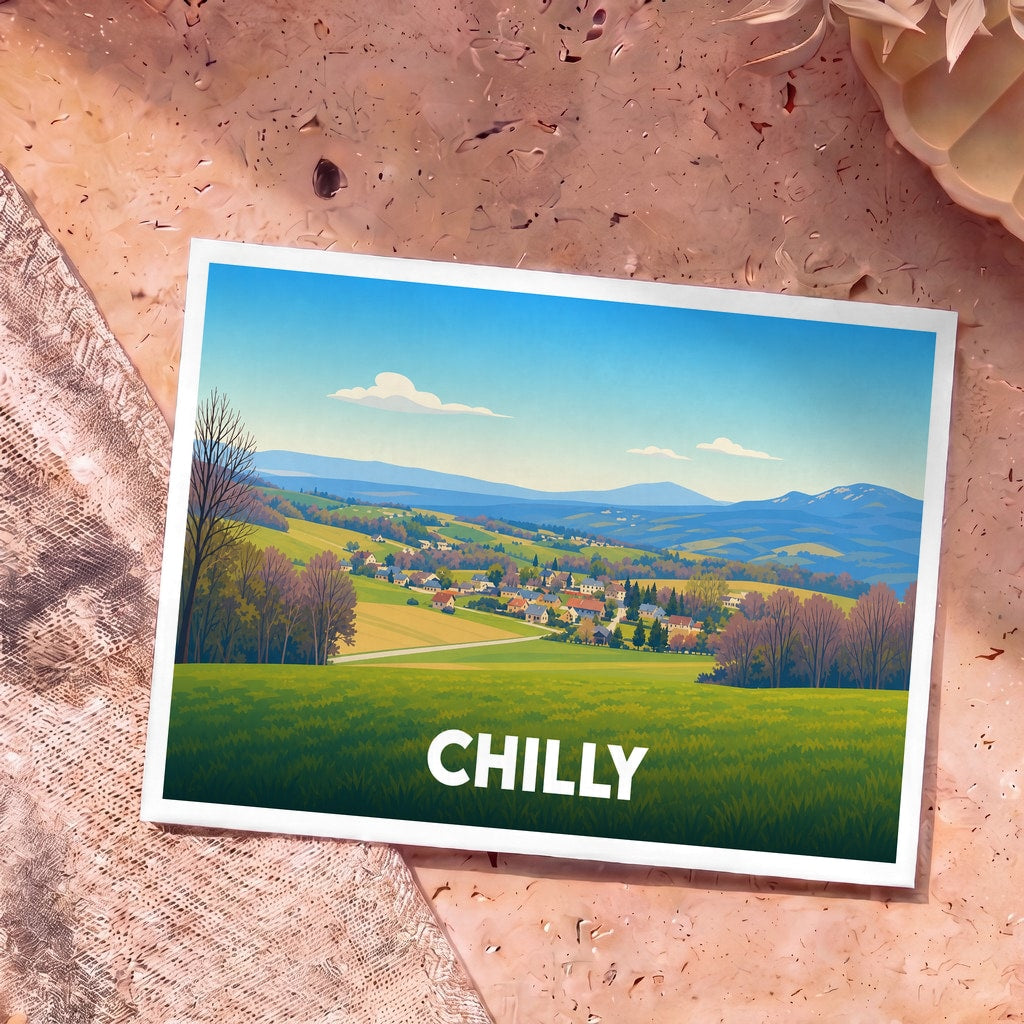 Carte postale souvenir de la ville de Chilly avec une illustration stylisée de paysages vallonnés.