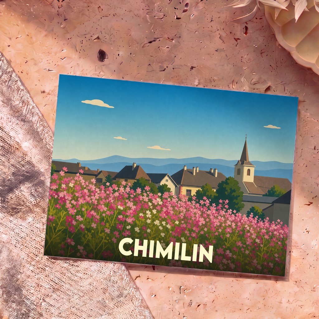Carte postale souvenir de la ville de Chimilin avec une illustration stylisée d'un champ de fleurs devant un village.