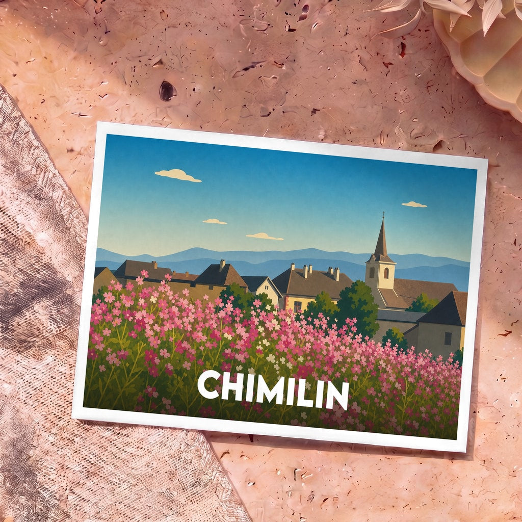 Carte postale souvenir de la ville de Chimilin avec une illustration stylisée d'un champ de fleurs devant un village.