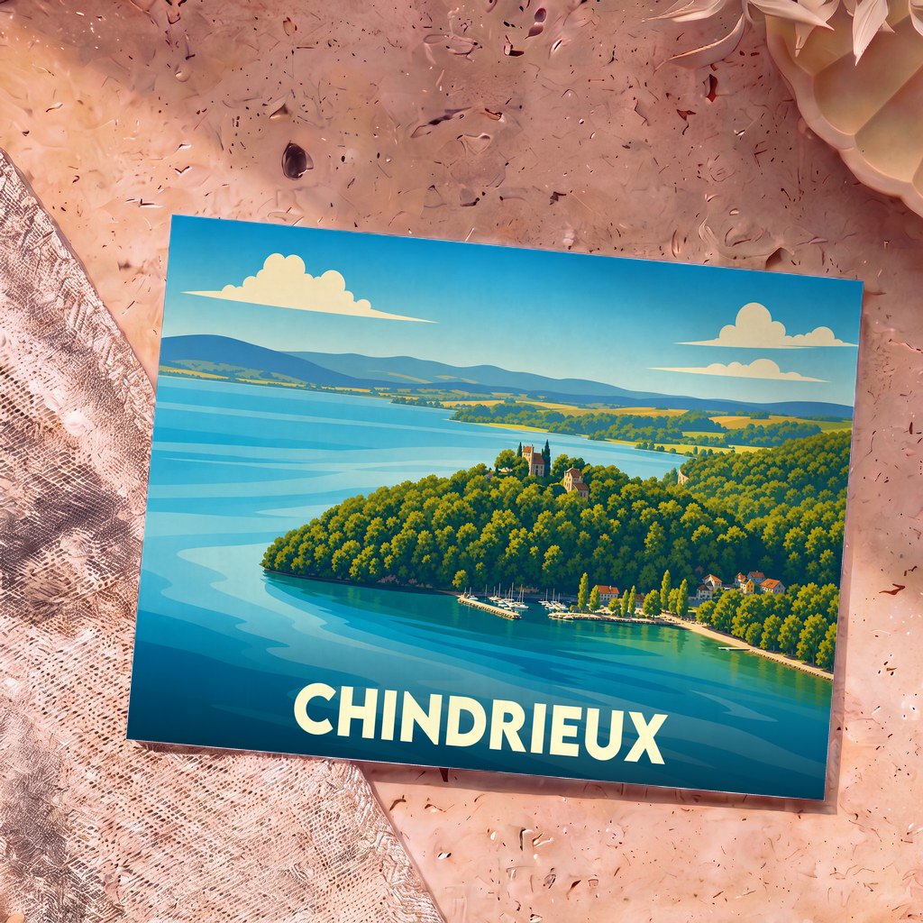 Carte postale souvenir de la ville de Chindrieux avec une illustration stylisée du lac du Bourget.